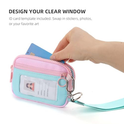 The Iris Wallet Zipper Mini Coin Purse Keychain ID Holder Wallet | Zip Card Case with ID Window Purses for Women Mini Portable Keychain Wallet, Blue and Pink with Lanyard - color: Blue and Pink