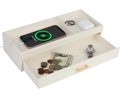 HofferRuffer Valet Jewelry Tray Organizer with Drawer, Faux Leather Storage Catchall Box Phone Charging Station Tray with Dresser Nightstand Desktop Drawer Organizer (White) - color: White