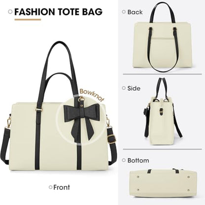 NUBILY Laptop Bag for Women 15.6 inch Leather Work Tote Bag | Waterproof Computer Bag with Bow Large Briefcase with Multi-Pockets Handbag Purse for Business Office Commuting Beige Black - color: Beige Black