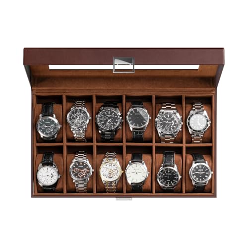 ProCase Watch Box Organizer, 12 Slot Watch Display Case, Brown | Watches Storage Boxes Holder for Men Women, Large Glass Lid, Removable Pillows, Anniversary Christmas Birthday Gifts - color: Brown, size: 12-Slot