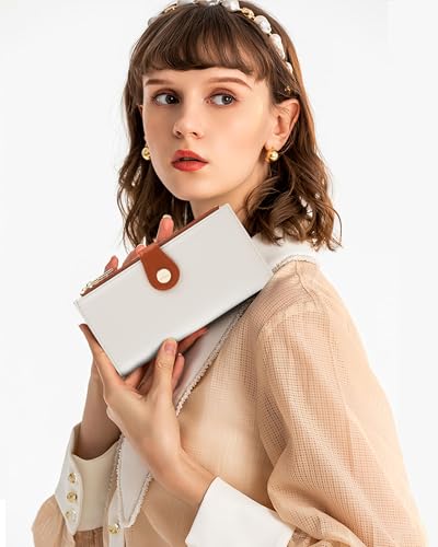 Women's Slim Wallet,Thin RFID Card Holder with Zipper Pocket | 12 Slot Wallet Organizer, Large Capacity, Vegan Leather, Coin Purse, Cash Compartment, Travel Wallet, Women Gift - color: Beige＆Brown, size: Bifold