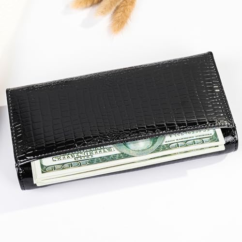 Ultra Slim Thin Leather Women Wallet RFID Blocking Credit Card Long Wallet | Credit Card Purse, Trifold, Genuine Leather, Clutch - color: Black