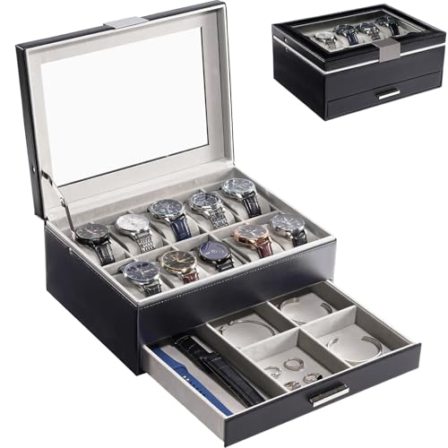 ProCase Watch Case for Women, Valentine Gifts, 10 Slot Watch Display Case with Drawer, 2-Layer Womens Watch Box, 10 Watch Box Organizer, Jewelry and Watch Holder Storage Case with Glass Lid -Black - color: Black