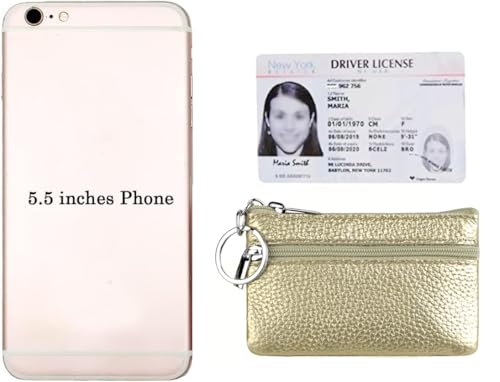 Women's Leather Small Coin Purse with Keychain, Mini Card Holder Case (Gold) - color: Gold