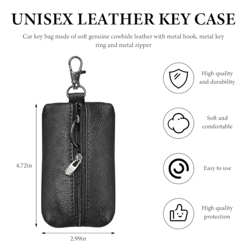 Genuine Leather Key Case, Unisex Car Key Holder Wallet with Key Ring, Universal Zippered Key Pouch Keychain (Black) - color: Black