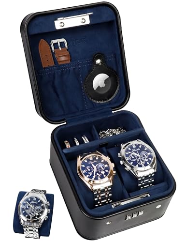 Watch Travel Case with Combination Lock - 2 Watch Storage and Jewelry Organizer - Watch Case for Ring and Watch Storage, PU Leather Travel Watch Case, Ideal for Gift (With Gift Box) (Black) - color: Black