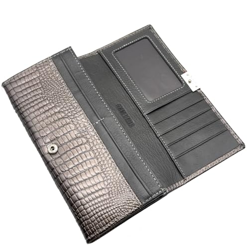 Women's Long Leather Wallet, Grayish | Credit Card Holder, Casual, Fashion Clutch, Purse - color: grayish