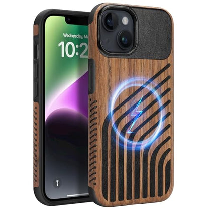 Magnetic Case Compatible with iPhone 13 Case [Compatible with MagSafe] Wood and Leather Carbon Fiber Design Hybrid Shockproof Phone Case 6.1" (Wood and Leather) - color: Wood Leather, size: iPhone 13