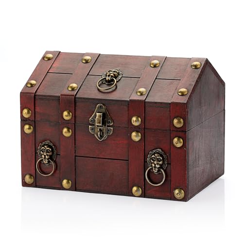 ELLDOO Vintage Treasure Chest Box, Pirate Keepsakes Box for Kids Gifts Pirate Theme Party, Wooden Treasure Storage Box Decorative Box for Jewelry Pearl Trinkets, Vintage Red - color: Vintage Red