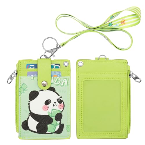 Cute ID Badge Holder with Detachable Lanyard, PU Leather Wallet & Key Ring | Adorable Panda ID Card Holder (Green), Zippered Pocket, 2-Sided 3 Card Slots, Suitable for Teachers, Students, Nurses & More - color: Panda-green