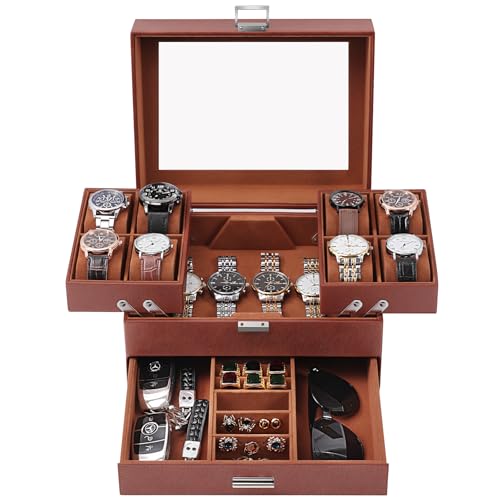 Watch Box, Watch Case for Men, 8 Slot Watch Display Case, Large Watch Holder Organizer for Men Women Boys Husband Dad, PU Leather (Brown) - color: Brown + Brown