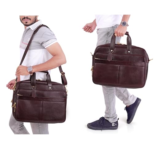 Da leather villa Full Grain Leather Briefcase for Men Top Choice Gifts Laptop Bag Multiple 16'' Compartments Brass Hardware - color: Brown