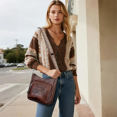 Medium Crossbody Bags for Women,Vegan Leather Hobo Purses Embossed | Women's Shoulder Handbags with Adjustable Boho Strap for Daily Travel Lightweight Cross body Purses with Multi Pockets - color: 03-coffee
