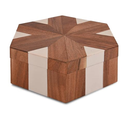 Perilla Home Hexagon Wooden Box, Brown and White, Wood and Resin, 9.54x8.07x3.15 Inch, Decorative - color: Brown and White