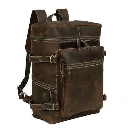 HLC Leather Backpack Genuine Laptop Rucksack For Men Women Genuine Large Capacity Business Retro Travel Camping Daypack Bag (Brown) - color: Brown