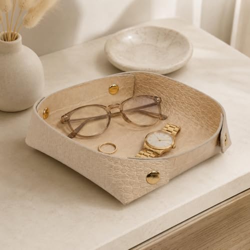 Large Faux Leather Catchall Valet Tray, Beige Croc - color: Sandy Croc