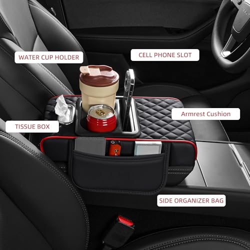 5 in 1 Nappa Leather Console Armrest Cover, Black Red Stitch | Built-in cup holder, tissue slot, phone holder & 2 storage pockets, practical car accessories fit SUV sedan truck - color: Black with Red Stitching