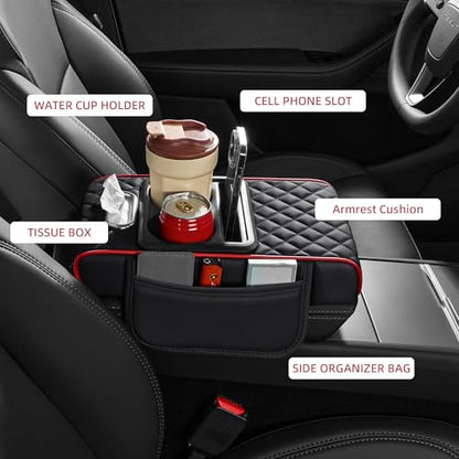 5 in 1 Nappa Leather Console Armrest Cover, Black Red Stitch | Built-in cup holder, tissue slot, phone holder & 2 storage pockets, practical car accessories fit SUV sedan truck - color: Black with Red Stitching