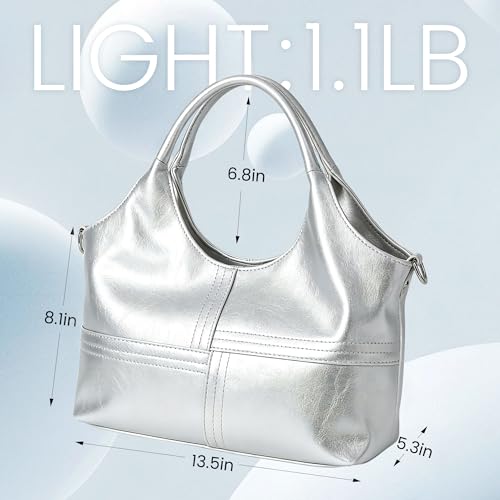 KOGTLA Medium Vegan Leather Purses for Women with Detachable Satchel Strap, Ladies Handbags, Tote Hobo Bags with Two-Handle - color: Silver