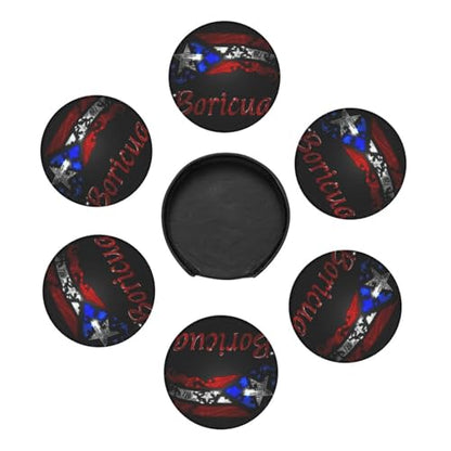 Puerto Rico Leather Drinks Coasters with Holder, Set of 6 | Suitable For Various Cups - color: Puerto Rico