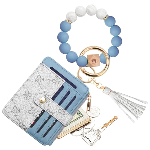 COOLANS Silicone Bracelet Wristlet Wallet Credit Card Holder RFID ID Window Key Ring Tassel Slim Wallet Women Keychain Purse - color: 블루 & 화이트 실리콘 비즈 팔찌+카드 지갑