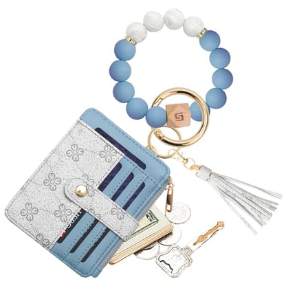 COOLANS Silicone Bracelet Wristlet Wallet Credit Card Holder RFID ID Window Key Ring Tassel Slim Wallet Women Keychain Purse - color: 블루 & 화이트 실리콘 비즈 팔찌+카드 지갑