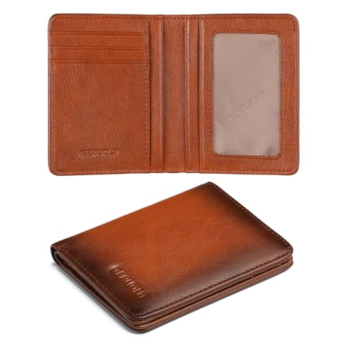 Bifold Slim Men Wallet Genuine Leather Thin, Small Vertical RFID Blocking Wallets for Men ，Compact & Stylish with Clear ID Windows (Brown) - color: Brown