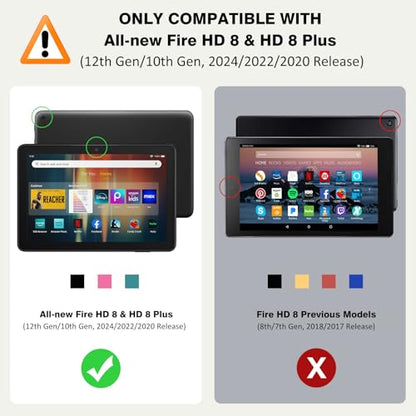 MoKo Case Fits Kindle Fire HD 8 & 8 Plus Tablet 8", Purple Flowers on Black | Slim Folding Stand Cover for Fire HD 8 12th/10th Gen, 2024/2022/2020, Auto Wake/Sleep, Hand Strap, Dual Angle, Pen Loop - color: purple flowers on black