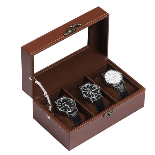 AUTOARK Leather & Velvet 3 Watch Box Glass Top Jewelry Display Lockable Case Organizer,Removable Watch Pillows,Coffee,MKAW093 - color: Coffee + Coffee, size: 3 Slot