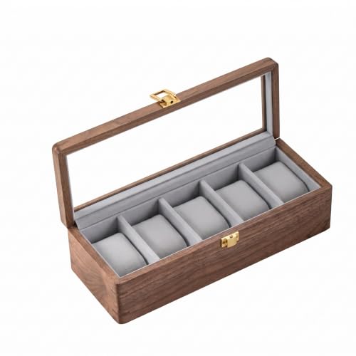 muso wood Walnut 5 Slot Watch Box with Glass Lid for Men | Premium Watch Storage Display Case, Perfect Watch Holder Gift for Men - size: 5 Slot