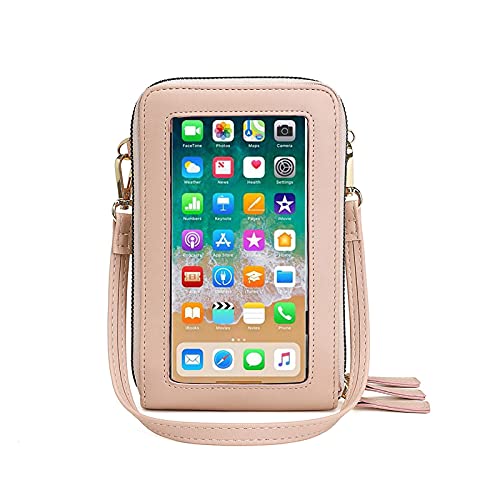 myfriday Touch Screen RFID Phone Crossbody Purse with 2 Straps for Women | Clear phone window, RFID card space, 11 slots and zip pockets support quick calls, errands, theme parks and travel - color: A-pink