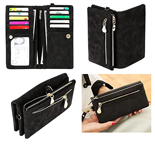 Aslana Soft Leather Long Wallet Wristlet with hand Strap Clutch Bag for Women Card holder Phone Bag (Black) - color: #01 Black