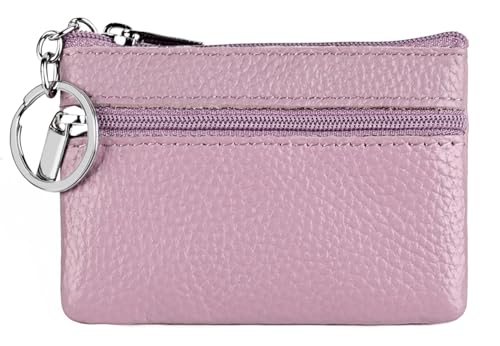 Women's Leather Small Coin Purse with Keychain, Mini Card Holder Case (Lavender) - color: Lavender