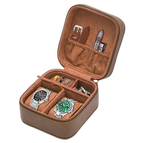 Watch Travel Case for Men, Portable Watch Box Storage Organizer for 2 Watches, PU Leather & Suede Lined, Compact Jewelry Organizer for Wristwatches, Rings, Cufflinks
