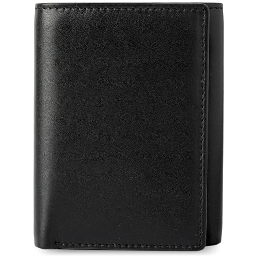 BULL GUARD RFID Leather Trifold Wallets for Men ID Window, Secret Pocket, Black - color: Rich Black