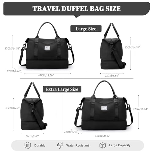 Weekender Bags for Women, Carry-On Overnight Travel Duffel Bag | Travel Bag with Shoes Compartment & Toiletry Bag, Extra Large - color: Black, size: Extra Large