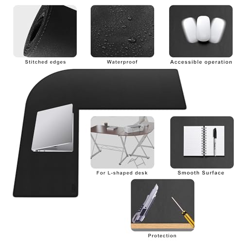 Cacoy L-Shape Desk Mat, 35.4"x39.4" Leather Corner Computer Desk Pad, Black | Waterproof L-Shaped Office Desk Pad Blotters, PU Leather Corner Desk Cover Mat, L Shaped Gaming Mouse Pad for Office and Home - size: 39.4" x 35.4"
