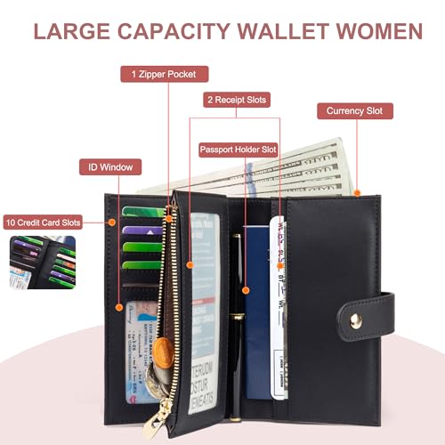 yiijay Wallet Women RFID Blocking Leather Trifold Clutch Wallet Credit Card Holder Ladies Travel Wallet Purse with Passport/Pen Holder - color: 1Black