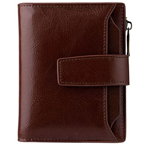 Bveyzi Small Leather Wallet for Women, RFID Bifold with ID Window | Holds 11 cards, a pull-out ID sleeve, zippered coin pocket & bill slot — fits crossbody bags and keeps everything organized - color: Coffee