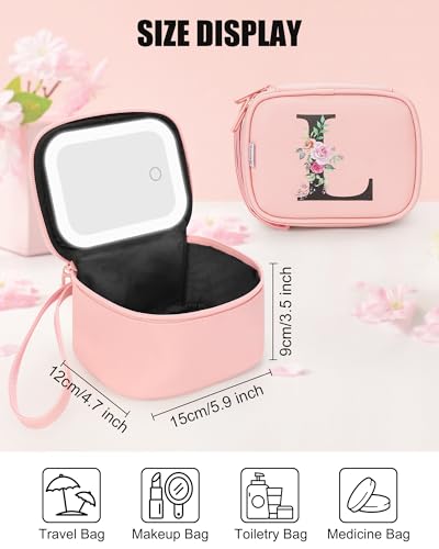 Relavel Mini Travel Makeup Bag with Led Mirror for Women, Pink L | Initial Cosmetic Bag with 3 Lights, Adjustable Brightness, Personalized Travel Toiletry Bag, Preppy Make Up Pouch for Trip - color: Pink, style: L