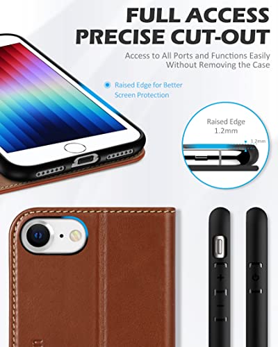 SHIELDON Genuine Leather Case Wallet for iPhone SE 2022/2020, Retro Brown | Magnetic Closure, RFID Blocking, Credit Card Slot, Kickstand, Flip Book Design, Shockproof Phone Cover - color: Brown - Retro