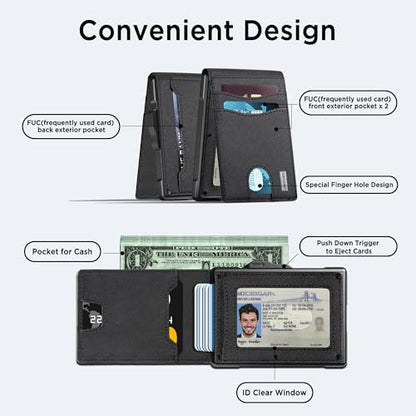 umoven Wallet for Men - Pop Up Case, Cash Slot, and Credit Card Slot - Slim Aluminum Wallet with RFID Blocking, Minimalist Leather Wallet Front Pocket with ID Window (Gravel Black) - color: Gravel