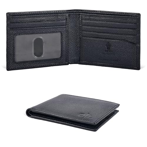 Slim Bifold Leather Wallet for Men - RFID Card Holder Ultra Thin Gift Ideas - color: Black Pebble