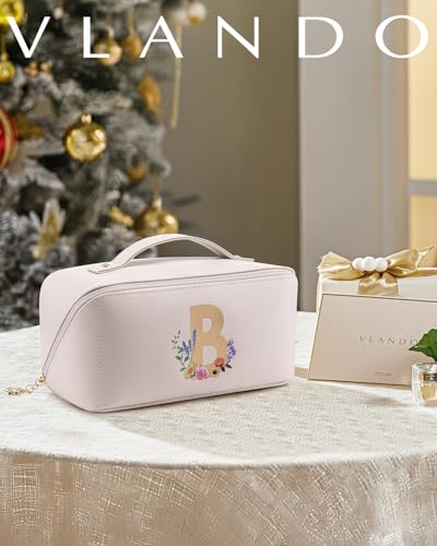 VLANDO Make up Bag with Separate Brush Pouch,Letter B,Off White | PU Leather Monogrammed Cosmetic Bag,Open Flat Toiletry Skincare Organizer,Gifts for Women - color: 14.White-B
