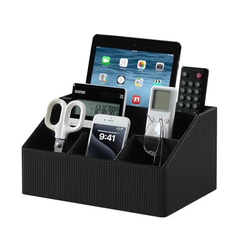 Desk Organizer Caddy Nightstand Organizer Remote Holder | PU Leather, 5 Compartments, Soft Velvet Lining, Large Storage Capacity - color: Striped Black