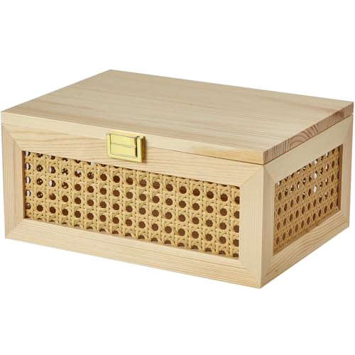 Decorative Rattan Storage Boxes Baskets with Lid Wooden Frame | Solid Wood Woven Wicker Bins, Jewelry Keepsake Container, Natural Boho Decor, Desk Shelf Closet Organizer, Light Wood, Large - color: Light Wood, size: Set of 1 (Large)