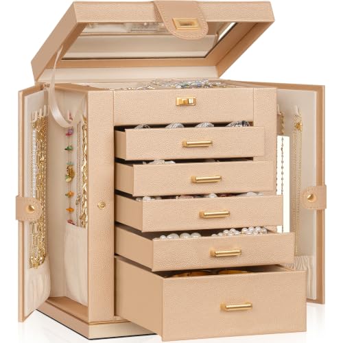 AKOZLIN 6-Tier Jewelry Box Organizer Functional 5 Drawers Leather Jewelry Storage Case for Women Girls Ring Necklace Earring Bracelet Holder Organizer with Mirror Champagne S-Medium - color: Champagne, size: S-Medium