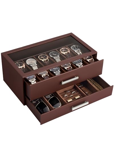ProCase 12-Slot Watch Case for Men, 2-Tier Pull-Out Drawers Box -Espresso | Fathers Day Gift for Dad Men with Display Clear Top Lid, Jewelry Sunglasses Storage Organizer, Anniversary Birthday Gifts - color: Espresso, size: 12-Slot