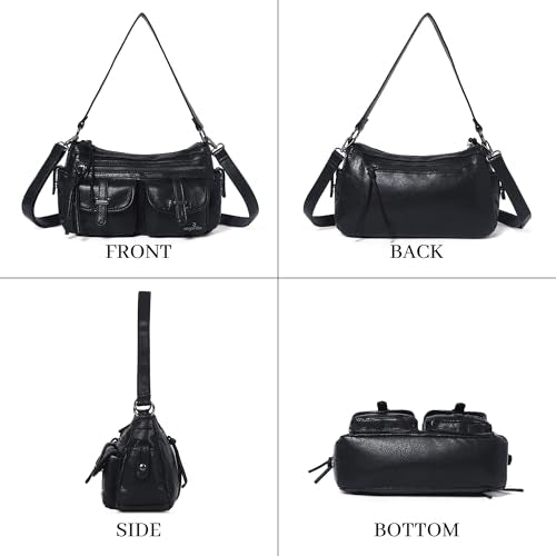 Angel Kiss Hobo Purses for Women Crossbody Shoulder Bag Ladies Multi Pocket Handbags with Adjustable Shoulder Strap | Soft Vegan Leather - color: Black