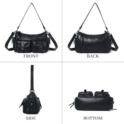 Angel Kiss Hobo Purses for Women Crossbody Shoulder Bag Ladies Multi Pocket Handbags with Adjustable Shoulder Strap | Soft Vegan Leather - color: Black